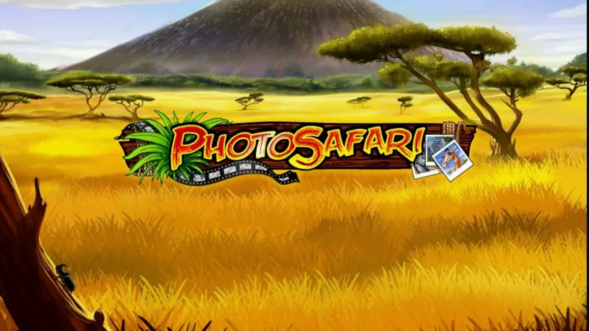 Tampilan visual slot Photo Safari dengan latar belakang savana dan simbol hewan liar.