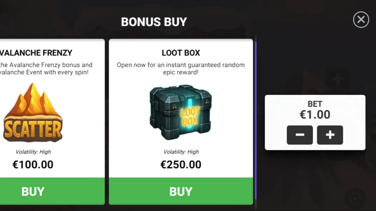 Pemandangan pegunungan bersalju dalam slot Avalanche dengan animasi yeti yang lucu